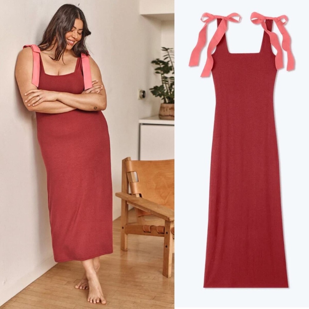 NWT The Softest Ribbed Tie-Shoulder Summersalt Midi-Maxi Knit Dress Pink Large